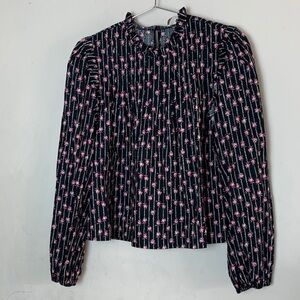 WAYF Puff Sleeve Blouse Ruffle Collar Long Sleeves Black Pink Floral Size Medium